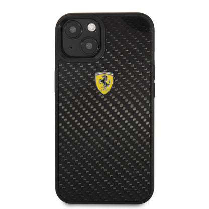 Apple iPhone 13 Mini Kılıf Ferrari Orjinal Lisanlı Klasik Metal Logolu Karbon Dizayn Kapak Siyah