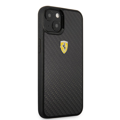 Apple iPhone 13 Mini Kılıf Ferrari Orjinal Lisanlı Klasik Metal Logolu Karbon Dizayn Kapak Siyah
