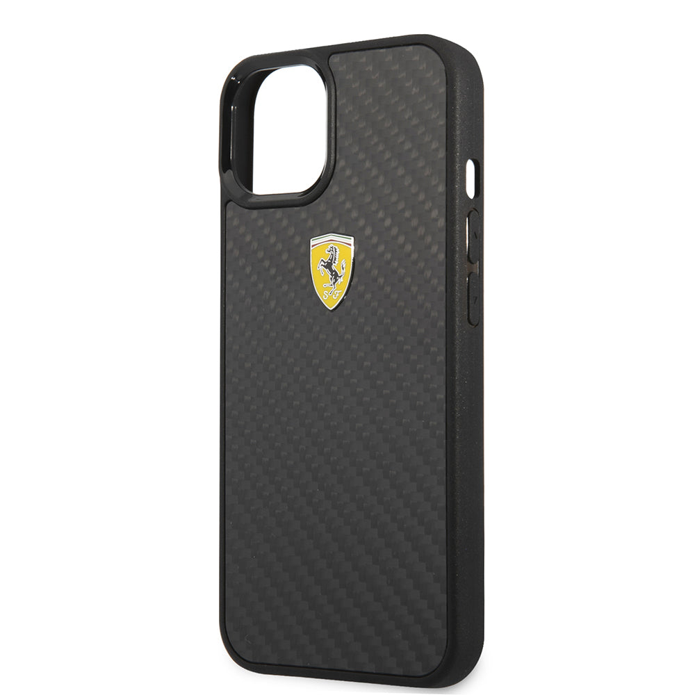 Apple iPhone 13 Mini Kılıf Ferrari Orjinal Lisanlı Klasik Metal Logolu Karbon Dizayn Kapak Siyah