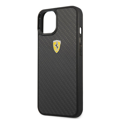 Apple iPhone 13 Mini Kılıf Ferrari Orjinal Lisanlı Klasik Metal Logolu Karbon Dizayn Kapak Siyah