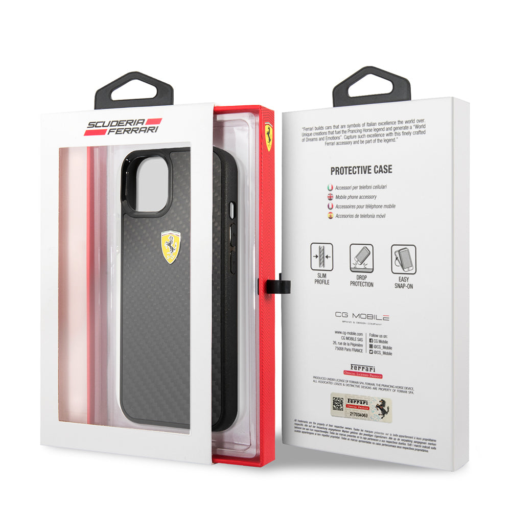 Apple iPhone 13 Mini Kılıf Ferrari Orjinal Lisanlı Klasik Metal Logolu Karbon Dizayn Kapak Siyah