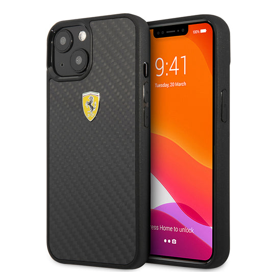 Apple iPhone 13 Mini Kılıf Ferrari Orjinal Lisanlı Klasik Metal Logolu Karbon Dizayn Kapak Siyah