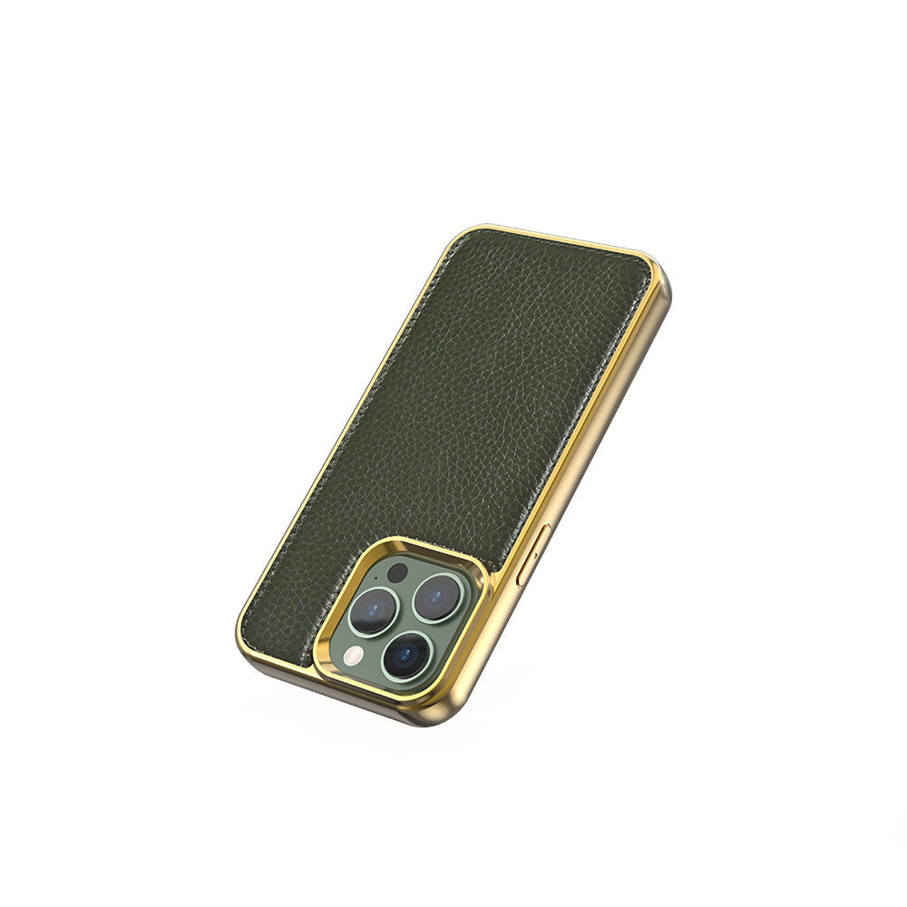 Apple iPhone 13 Mini Case Wiwu Genuine Leather Gold Calfskin Original Leather Cover Green 