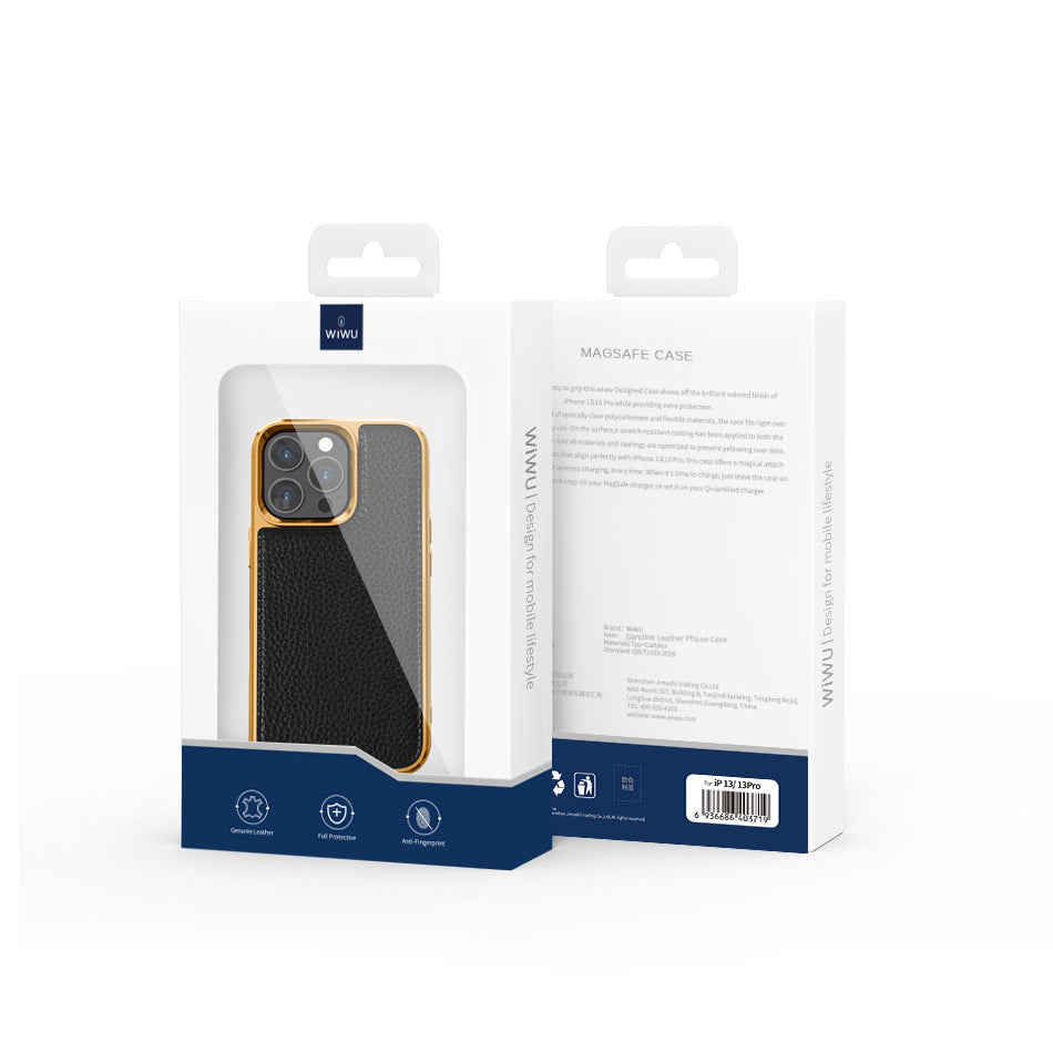 Apple iPhone 13 Mini Case Wiwu Genuine Leather Gold Calfskin Original Leather Cover Black 