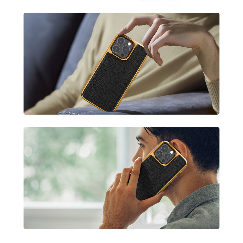 Apple iPhone 13 Mini Case Wiwu Genuine Leather Gold Calfskin Original Leather Cover Black 