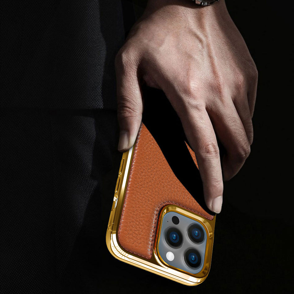 Apple iPhone 13 Mini Case Wiwu Genuine Leather Gold Calfskin Original Leather Cover Black 