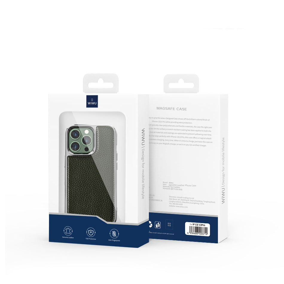 Apple iPhone 13 Mini Case Wiwu Genuine Leather Silver Calfskin Original Leather Cover Black 
