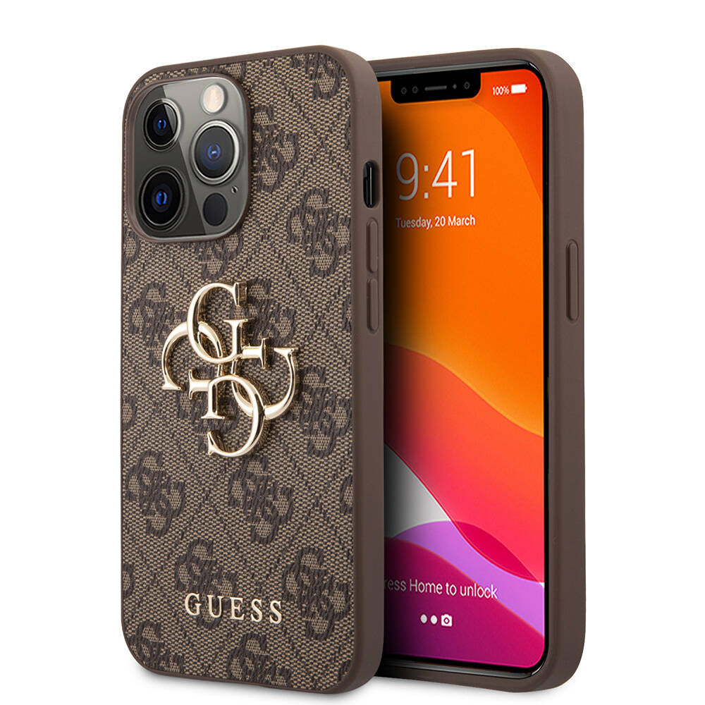 Apple iPhone 13 Pro Case Guess Original Licensed PU Leather 4G Patterned Metal Large 4G and Text Logo Cover Brown