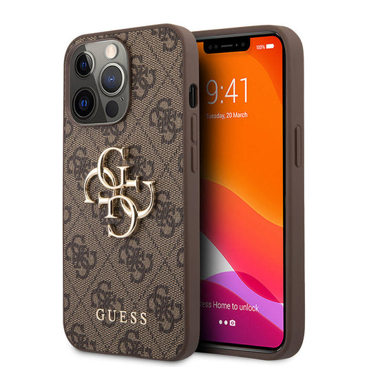Apple iPhone 13 Pro Case Guess Original Licensed PU Leather 4G Patterned Metal Large 4G and Text Logo Cover Brown