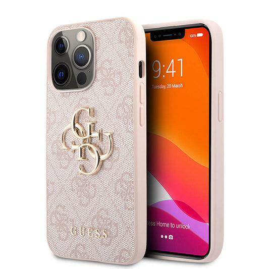 Apple iPhone 13 Pro Case Guess Original Licensed PU Leather 4G Patterned Metal Large 4G and Text Logo Cover Pink