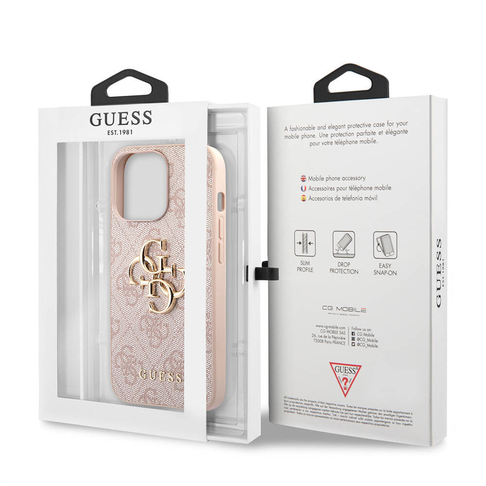 Apple iPhone 13 Pro Case Guess Original Licensed PU Leather 4G Patterned Metal Large 4G and Text Logo Cover Pink