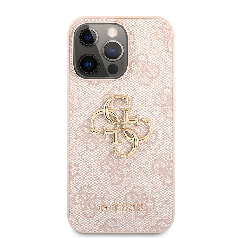Apple iPhone 13 Pro Case Guess Original Licensed PU Leather 4G Patterned Metal Large 4G and Text Logo Cover Pink