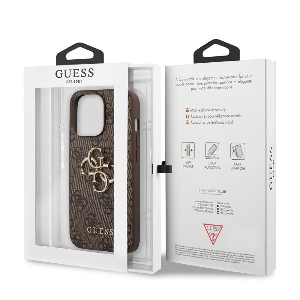 Apple iPhone 13 Pro Case Guess Original Licensed PU Leather 4G Patterned Metal Large 4G and Text Logo Cover Brown