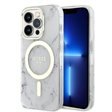 Apple iPhone 13 Pro Max Case GUESS M-safe Charging Feature Marble Pattern Cover White