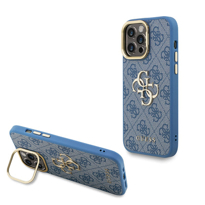 Apple iPhone 13 Pro Max Kılıf Guess Orjinal Lisanslı PU Deri 4G Desenli Metal Büyük 4G ve Yazı Logolu Kamera Standlı Kapak Kahverengi