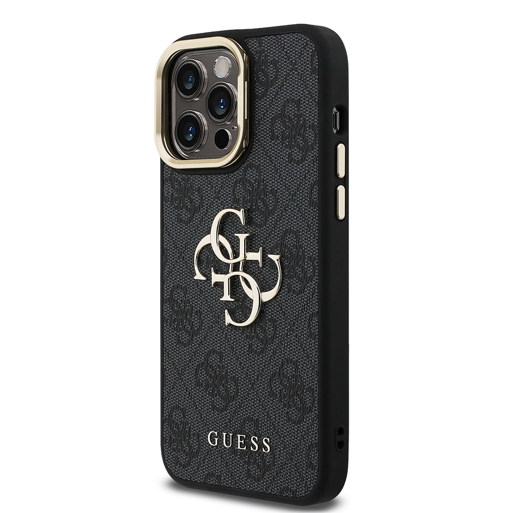 Apple iPhone 13 Pro Max Kılıf Guess Orjinal Lisanslı PU Deri 4G Desenli Metal Büyük 4G ve Yazı Logolu Kamera Standlı Kapak Siyah