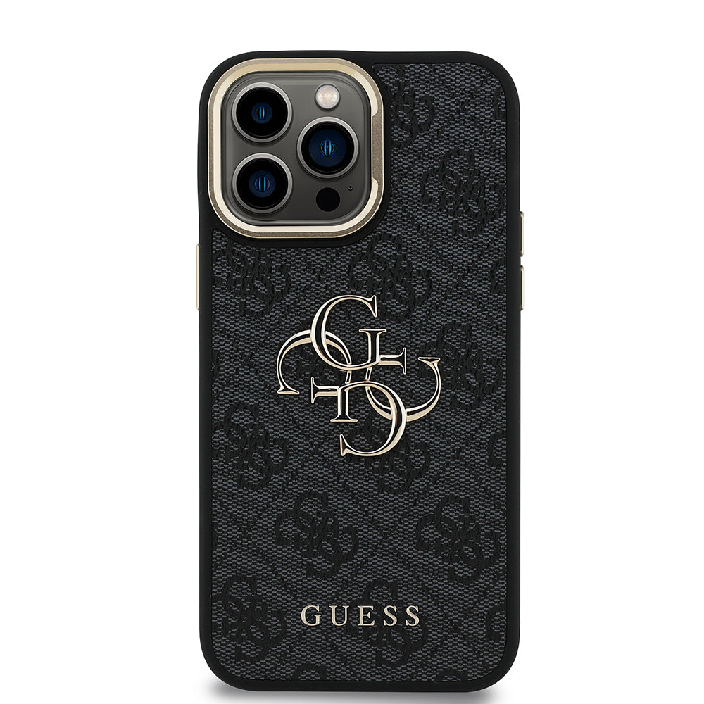 Apple iPhone 13 Pro Max Kılıf Guess Orjinal Lisanslı PU Deri 4G Desenli Metal Büyük 4G ve Yazı Logolu Kamera Standlı Kapak Siyah