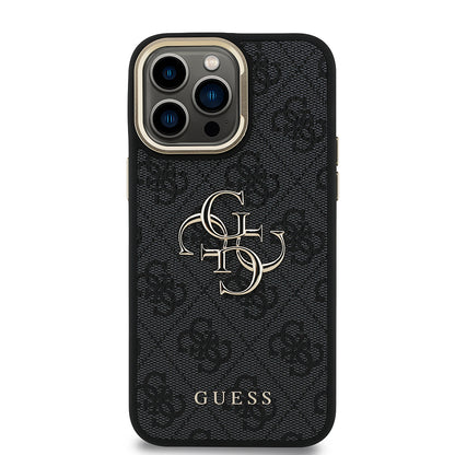 Apple iPhone 13 Pro Max Kılıf Guess Orjinal Lisanslı PU Deri 4G Desenli Metal Büyük 4G ve Yazı Logolu Kamera Standlı Kapak Siyah