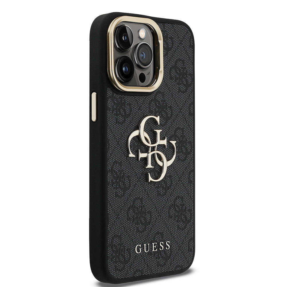 Apple iPhone 13 Pro Max Kılıf Guess Orjinal Lisanslı PU Deri 4G Desenli Metal Büyük 4G ve Yazı Logolu Kamera Standlı Kapak Kahverengi