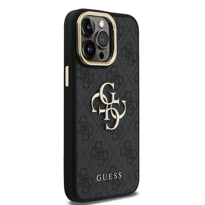 Apple iPhone 13 Pro Max Kılıf Guess Orjinal Lisanslı PU Deri 4G Desenli Metal Büyük 4G ve Yazı Logolu Kamera Standlı Kapak Kahverengi