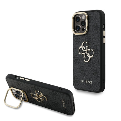 Apple iPhone 13 Pro Max Kılıf Guess Orjinal Lisanslı PU Deri 4G Desenli Metal Büyük 4G ve Yazı Logolu Kamera Standlı Kapak Siyah