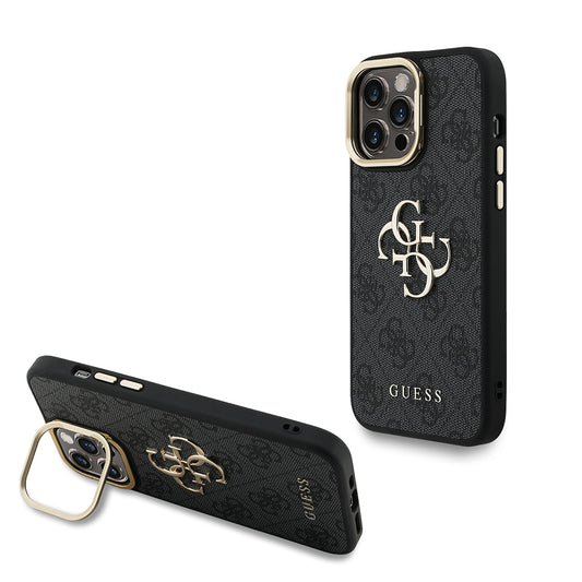 Apple iPhone 13 Pro Max Kılıf Guess Orjinal Lisanslı PU Deri 4G Desenli Metal Büyük 4G ve Yazı Logolu Kamera Standlı Kapak Siyah