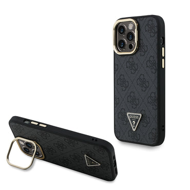 Apple iPhone 13 Pro Max Kılıf Guess Orjinal Lisanslı PU Deri Taşlı Üçgen Logo 4G Desenli Kamera Standlı Kapak Kahverengi