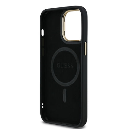Apple iPhone 13 Pro Max Kılıf Guess Orjinal Lisanslı PU Deri Taşlı Üçgen Logo 4G Desenli Kamera Standlı Kapak Siyah