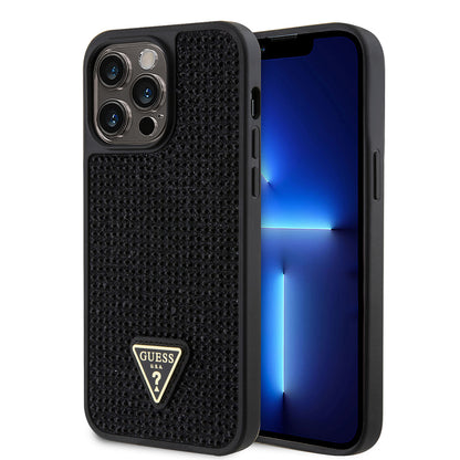 Apple iPhone 13 Pro Max Kılıf Guess Orjinal Lisanslı Taşlı Arka Yüzey Üçgen Logolu Kapak Gold