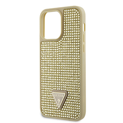 Apple iPhone 13 Pro Max Kılıf Guess Orjinal Lisanslı Taşlı Arka Yüzey Üçgen Logolu Kapak Gold