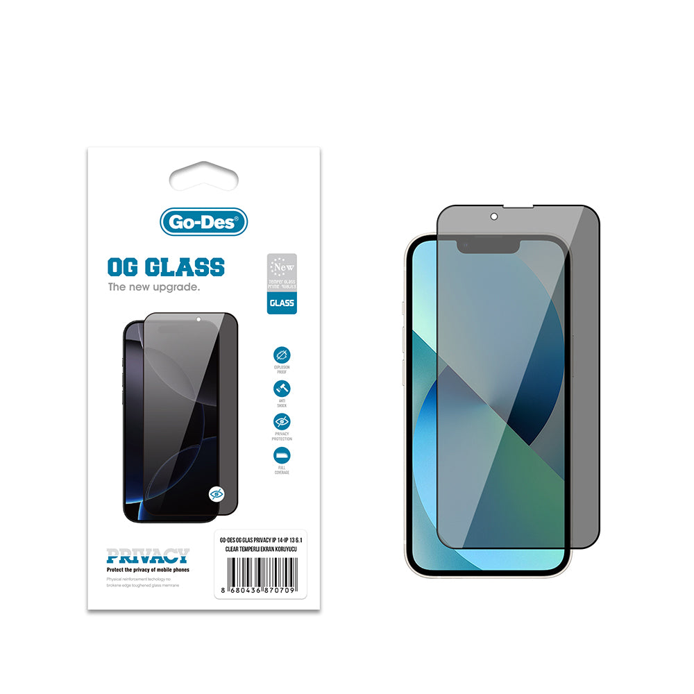 Apple iPhone 14 Go Des OG Glass Privacy Antistatik Temperli Cam Ekran Koruyucu Siyah