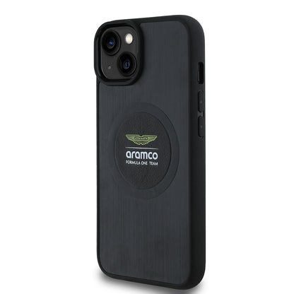 Apple iPhone 14 Kılıf Aston Martin Orjinal Lisanslı M-safe Şarj Özellikli Aluminyum Arka Yüzeyli Formula One Team Baskılı Kapak Siyah