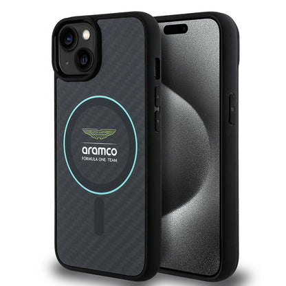 Apple iPhone 14 Kılıf Aston Martin Orjinal Lisanslı M-safe Şarj Özellikli Renkli Halka ve Karbon Fiber Tasarımlı Kapak Siyah-Yeşil