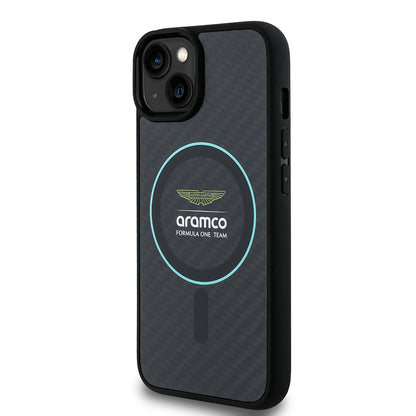Apple iPhone 14 Kılıf Aston Martin Orjinal Lisanslı M-safe Şarj Özellikli Renkli Halka ve Karbon Fiber Tasarımlı Kapak Siyah-Yeşil