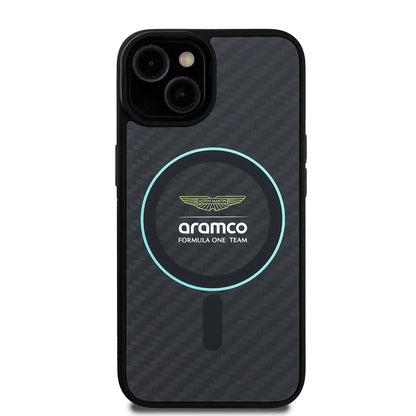 Apple iPhone 14 Kılıf Aston Martin Orjinal Lisanslı M-safe Şarj Özellikli Renkli Halka ve Karbon Fiber Tasarımlı Kapak Siyah-Yeşil