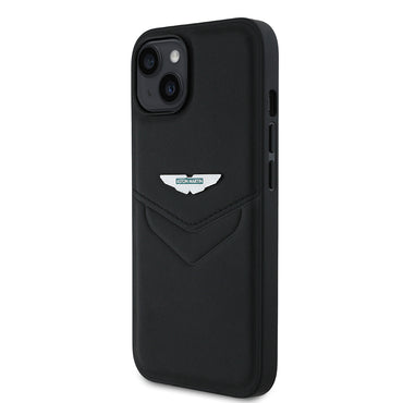 Apple iPhone 14 Kılıf Aston Martin Orjinal Lisanslı Victory Dizayn PU Deri Metal Logolu Kapak Siyah
