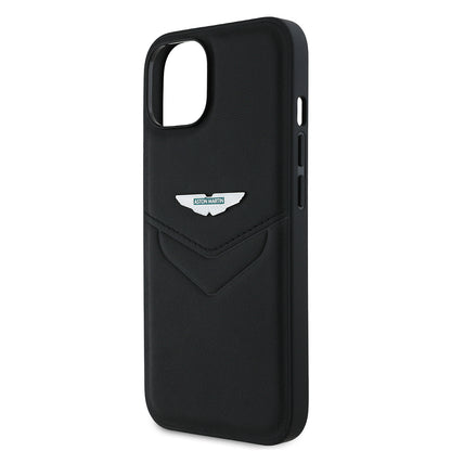 Apple iPhone 14 Kılıf Aston Martin Orjinal Lisanslı Victory Dizayn PU Deri Metal Logolu Kapak Siyah