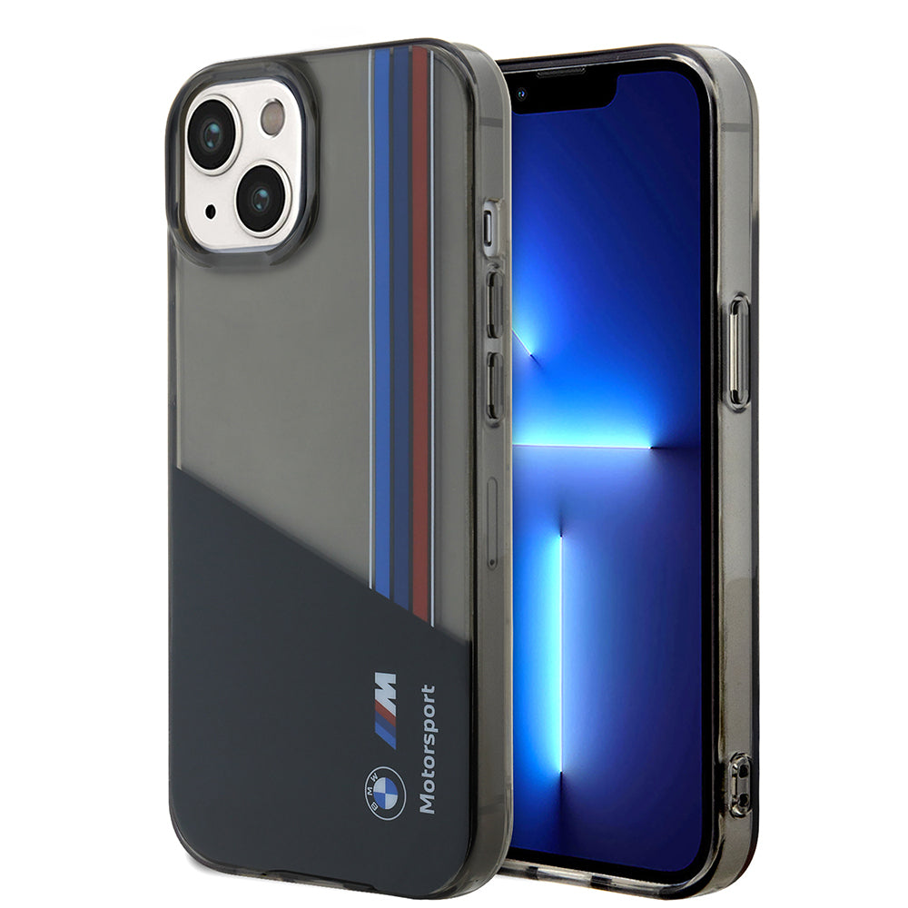 Apple iPhone 14 Kılıf BMW Orjinal Lisanslı Yarı Transparan M Dizayn Çizgili Kapak Siyah