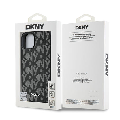 Apple iPhone 14 Kılıf DKNY Orjinal Lisanslı M-safe Şarj Özellikli 3D Yazılı Grid Pattern Kapak Kahverengi
