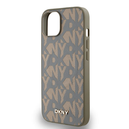 Apple iPhone 14 Kılıf DKNY Orjinal Lisanslı M-safe Şarj Özellikli 3D Yazılı Grid Pattern Kapak Kahverengi