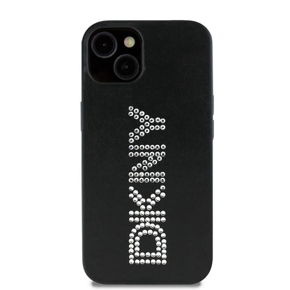 Apple iPhone 14 Kılıf DKNY Orjinal Lisanslı Taşlı DKNY Yazılı Metalik Rhinestones PU Deri Kapak Siyah