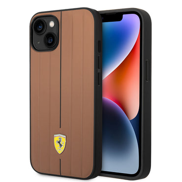 Apple iPhone 14 Kılıf Ferrari Orjinal Lisanslı Deri Arka Yüzey Metal Logolu Şerit Tasarımlı Kapak Kahverengi
