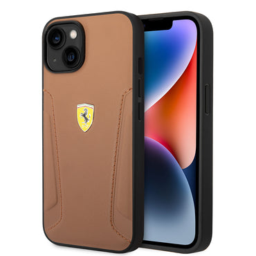 Apple iPhone 14 Kılıf Ferrari Orjinal Lisanslı Deri Kenarları Damgalı Dizayn Kapak Kahverengi