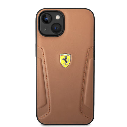 Apple iPhone 14 Kılıf Ferrari Orjinal Lisanslı Deri Kenarları Damgalı Dizayn Kapak Kahverengi