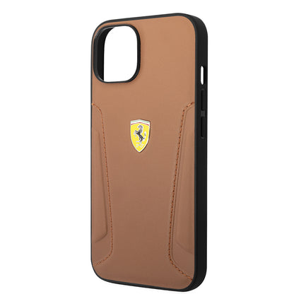 Apple iPhone 14 Kılıf Ferrari Orjinal Lisanslı Deri Kenarları Damgalı Dizayn Kapak Kahverengi
