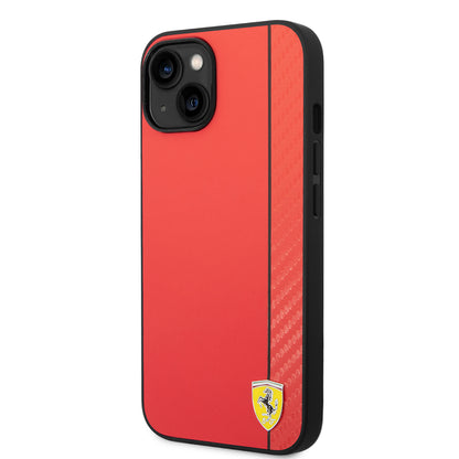 Apple iPhone 14 Kılıf Ferrari Orjinal Lisanslı M-safe Şarj Özellikli Pu Deri Ve Karbon Şeritli Dizayn Kapak Siyah