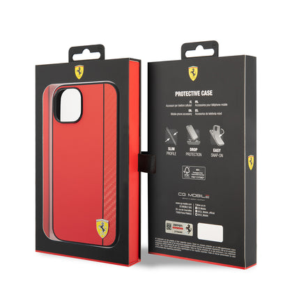 Apple iPhone 14 Kılıf Ferrari Orjinal Lisanslı M-safe Şarj Özellikli Pu Deri Ve Karbon Şeritli Dizayn Kapak Kırmızı