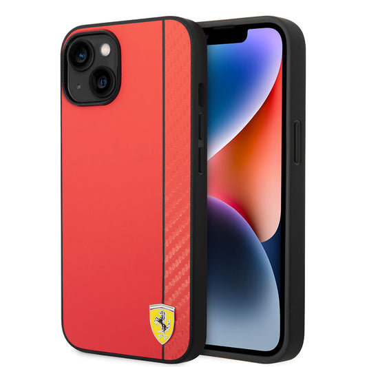 Apple iPhone 14 Kılıf Ferrari Orjinal Lisanslı M-safe Şarj Özellikli Pu Deri Ve Karbon Şeritli Dizayn Kapak Kırmızı