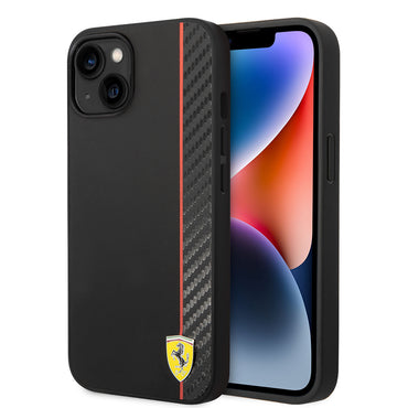 Apple iPhone 14 Kılıf Ferrari Orjinal Lisanslı M-safe Şarj Özellikli Pu Deri Ve Karbon Şeritli Dizayn Kapak Kırmızı