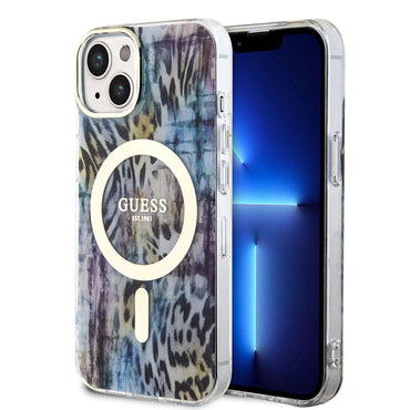 Apple iPhone 14 Case GUESS M-safe Charging Feature Leopard Pattern Cover Blue